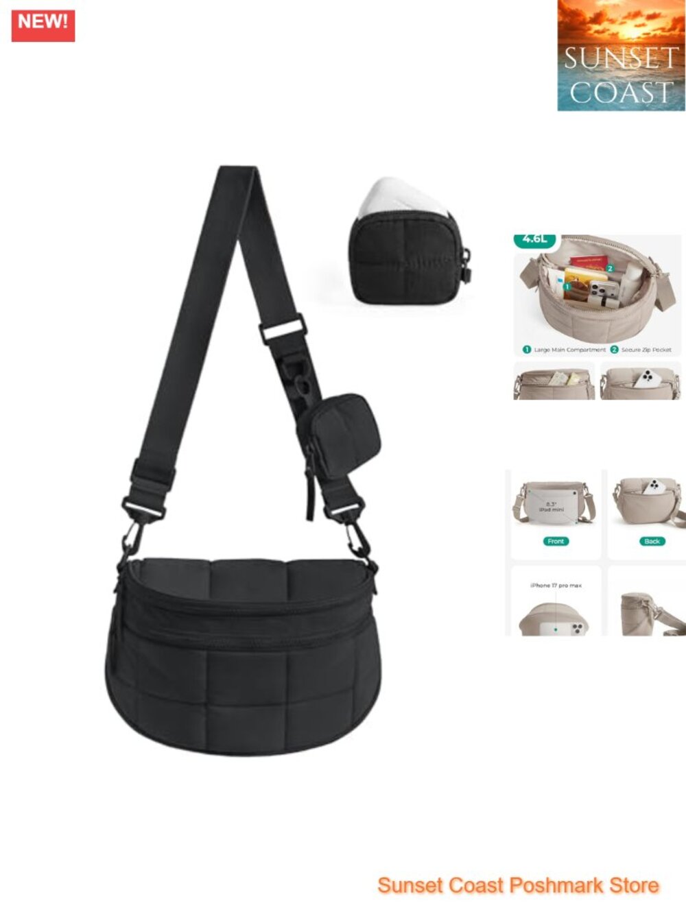 Quilted Crossbody Bag with Detachable Pouch, Hobo Shoulder Bag for Travel
